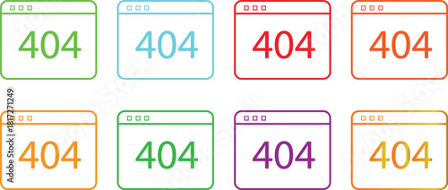 Collection of Colorful 404 Error Browser Window Icons for Web Development and Digital Problem Solving