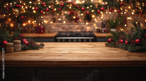 Empty wooden board on cozy Christmas kitchen background with glowing garlands warm festive lights and seasonal decorations banner