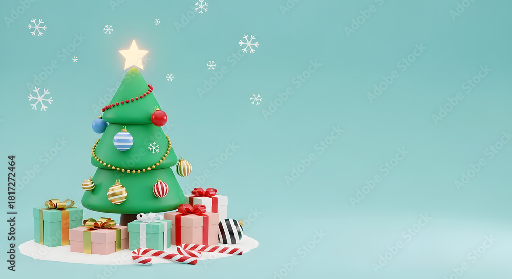 Naklejka premium 3d Render Christmas Tree Gifts Candy Cane Minimal Pastel Aqua Background Copy Space Seasonal Holiday Festive Decoration Scene