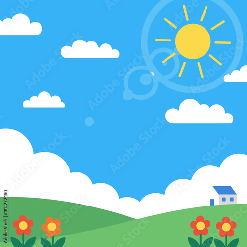 A bright blue sky dotted with clouds, rendered in anime style, features a shining sun and white fluffy clouds, creating a sunny, summer outdoor scene illustrated in cartoon vector form