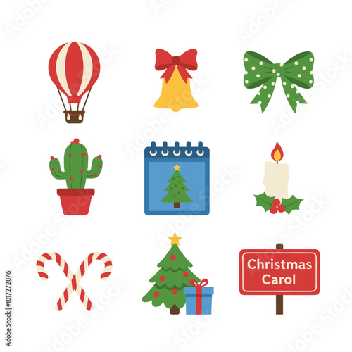 A Christmas vector icon collection featuring ornaments, a bell, a bow, cactus, calendar, candle, candies, tree, and a carol book—perfect for holiday cards, crafts, decorations, invitations, and