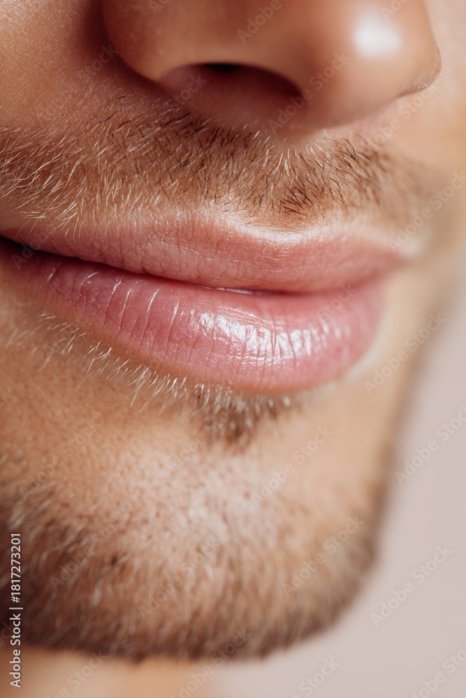 Obraz premium Immagine ravvicinata mostra una porzione del viso di un uomo, labbra, naso e una leggera barba.