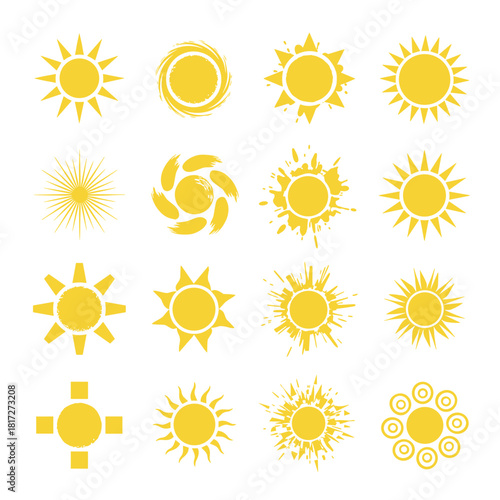 A vector cartoon yellow sun radiates light rays to warm the summer, standing alone on a white background