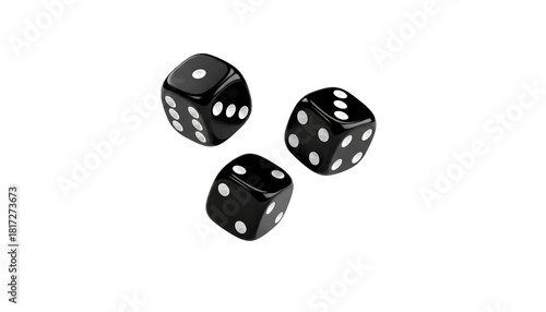 Three glossy black dice with white spots hover against a dark void, creating a sense of suspense.