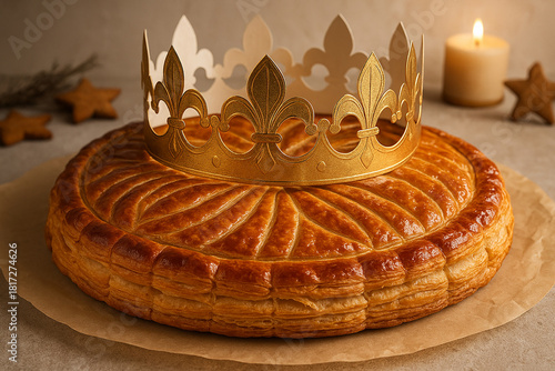 Galette des rois dorée avec couronne royale lors de la fête de l’Épiphanie