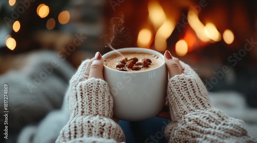 Cozy atmosphere with steam rising from a hot drink held by a woman in a warm sweater near the fireplace