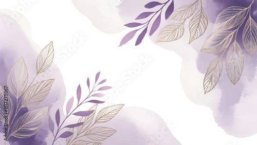 Luxurious violet botanical wedding invitation background , abstract ink splash golden leaves border