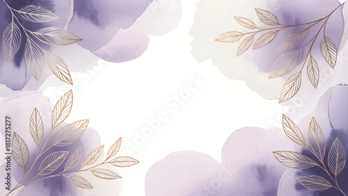Elegant Purple Watercolor Floral Gold Frame , Luxurious Violet Botanical Wedding Background , Abstract Ink Splash Golden Leaves Border , Modern Lavender Pastel Invitation Template