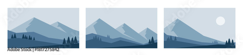 Minimalistic winter mountains landscapes in blue colors. Hand drawn vector illustrations