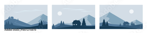 Minimalistic winter landscapes in blue colors. Mountains and house. Hand drawn vector illustrations