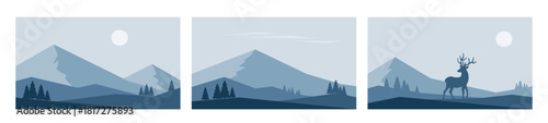 Winter minimalistic landscapes in blue colors. Mountains, fir tree and deer. Hand drawn vector illustrations