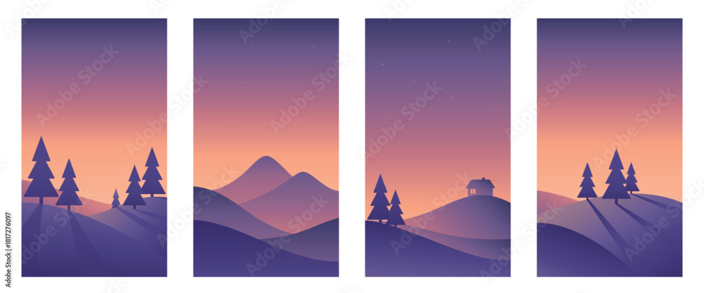 Naklejka premium Winter minimalistic dawn or sunset landscapes. Hand drawn illustrations in purple colors