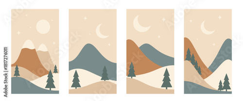 Nordic minimalistic Christmas landscape set. Winter mountains in warm colors. Hand drawn vector illustrations