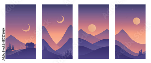 Winter night minimalistic landscapes. Hand drawn illustrations in purple colors