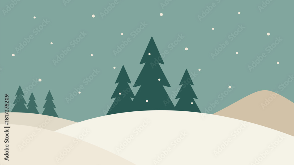 Naklejka premium Minimalistic night winter landscape. Fir trees and hills hand drawn vector illustration