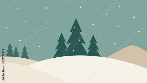Minimalistic night winter landscape. Fir trees and hills hand drawn vector illustration