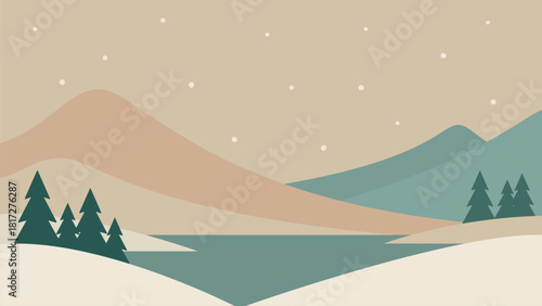 Minimalistic winter landscape. Mountains and lake or gulf hand drawn vector illustration