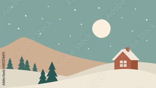 Minimalistic night winter landscape. House and mountain hand drawn vector illustration