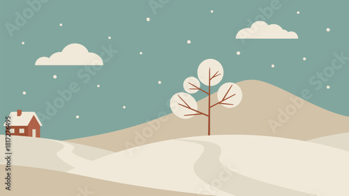 Minimalistic night winter landscape. Tree, snow and house hand drawn vector illustration