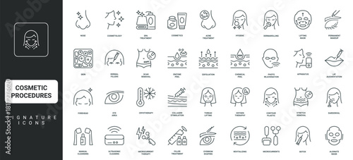 Botox and dermal fillers, contour plastics, photo rejuvenation thin black and red outline symbols vector illustration Cosmetic procedures, cosmetology and skincare, aesthetic treatment line icon set.