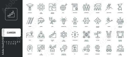 Potential skills and motivation of corporate staff, leader ambitions thin black and red outline symbols vector illustration Career path and leadership, ladder to success, achievement line icon set.