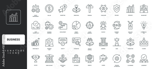 Boss and employees, profitability and quality control thin black and red outline symbols vector illustration Business, corporate company development, organization and market strategy line icon set.