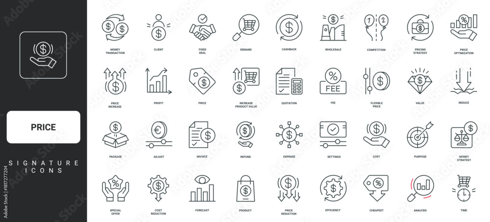 Fototapeta premium Increase and decrease, optimization of price, competition thin black and red outline symbols vector illustration Price and discount, cost reduction, profit growth financial strategy line icon set.
