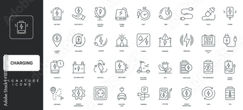 Plug on cable, socket, adapter, electric car thin black and red outline symbols vector illustration Charging station, eco power and energy, electronic device charger, battery recharge line icon set.