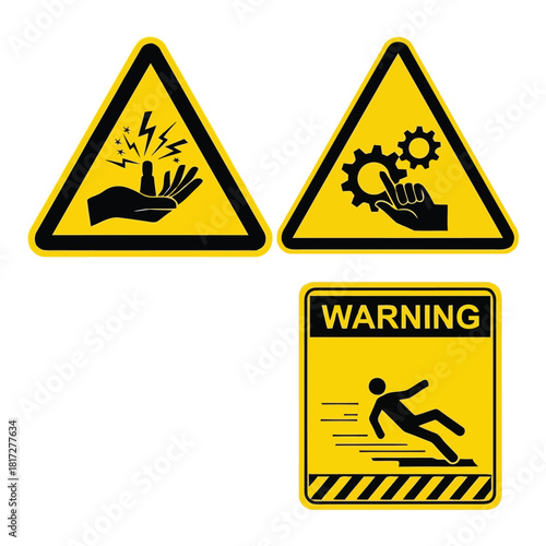 Set of industrial warning signs for safety and hazard awareness