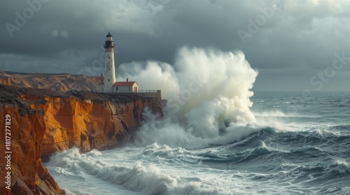 Fototapeta Naklejka Na Ścianę i Meble -  The lighthouse stands on a rock against which large waves crash.