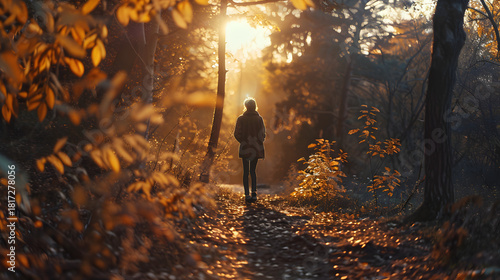Wallpaper Mural A person, viewed from the back, walks along a path in a sun-drenched forest. Golden leaves and sunlight create a warm and bright scene. Torontodigital.ca