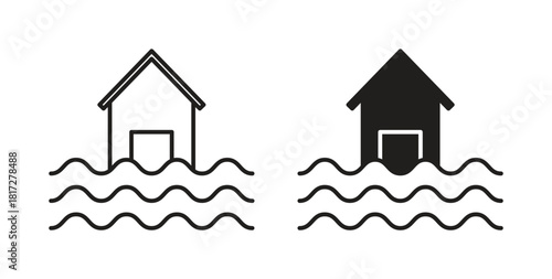 House flood icon glyph and line set thin line symbol concept.