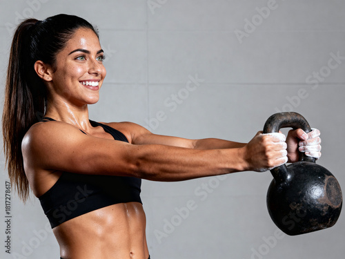 Mujer atlética entrenando con pesa rusa en gimnasio