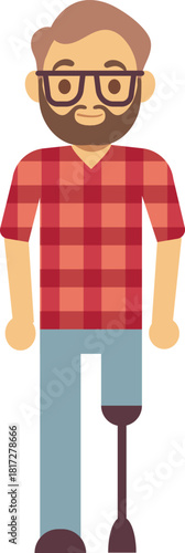 A man with a prosthetic leg is wearing glasses and a plaid shirt