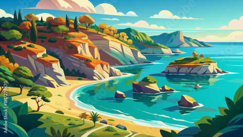 Very beautiful view of the Mediterranean coast of Spain, featuring turquoise waters, rugged cliffs, golden beaches, and sunlit coastal landscapes that highlight the serene and vibrant charm of the reg