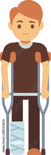 A man with a cast on his leg is holding crutches