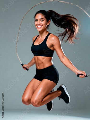 Mujer saltando la cuerda en el aire durante entrenamiento