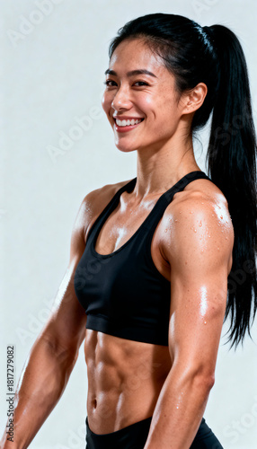 Mujer deportista sonriente con cuerpo definido tras entrenamiento