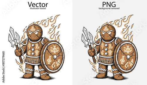 Gingerbread warrior with trident and shield on fire gingerbread man soldier