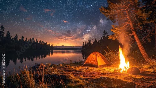 Camping Under the Stars: Campfire, Tent, and Lake at Night