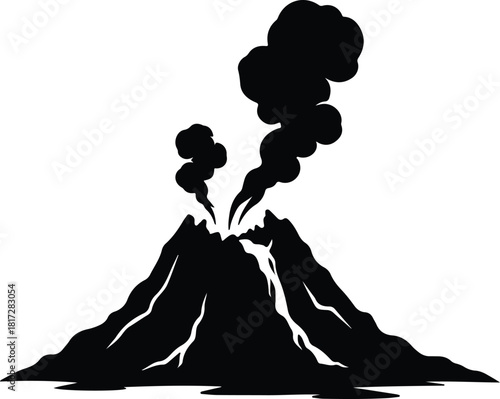 Illustration of active volcano spewing smoke in simple silhouette vector