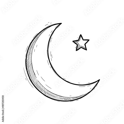 Crescent Moon and Star Line Icon, Hand-Drawn Sketch, Transparent Background