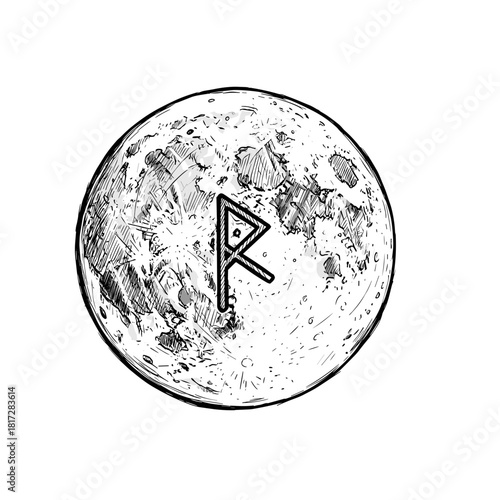 Moon Rune Line Icon, Hand-Drawn Sketch Symbol, Transparent Background