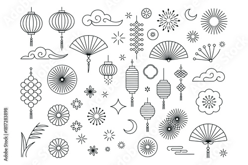 Minimalist line art chinese new year lunar elements for creative design projects