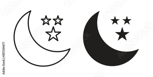 Moon stars icon with line and silhouette versions.