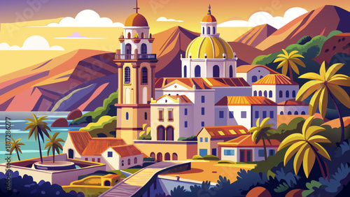 Very beautiful overview of the Basilica of Our Lady of Candelaria in Candelaria, Tenerife, showcasing its elegant architecture set against the coastal landscape and bright island light of the Canary I