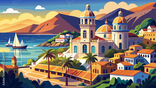 Very beautiful overview of the Basilica of Our Lady of Candelaria in Candelaria, Tenerife, showcasing its elegant architecture set against the coastal landscape and bright island light of the Canary I