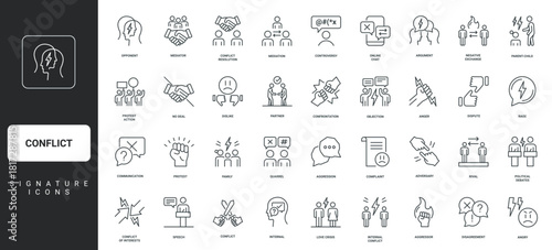 Love crisis, miscommunication thin black and red outline symbols vector illustration Conflict, dispute with opponent and confrontation between partners, disagreement, family quarrel line icon set.