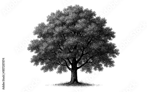 Detailed black and white stippling tree with expansive canopy
