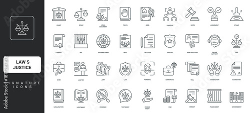 Proof of crime, jury verdict and judge, fair judgment thin black and red outline symbols vector illustration Law and justice, legal document and human rights, court, legislative process line icon set.